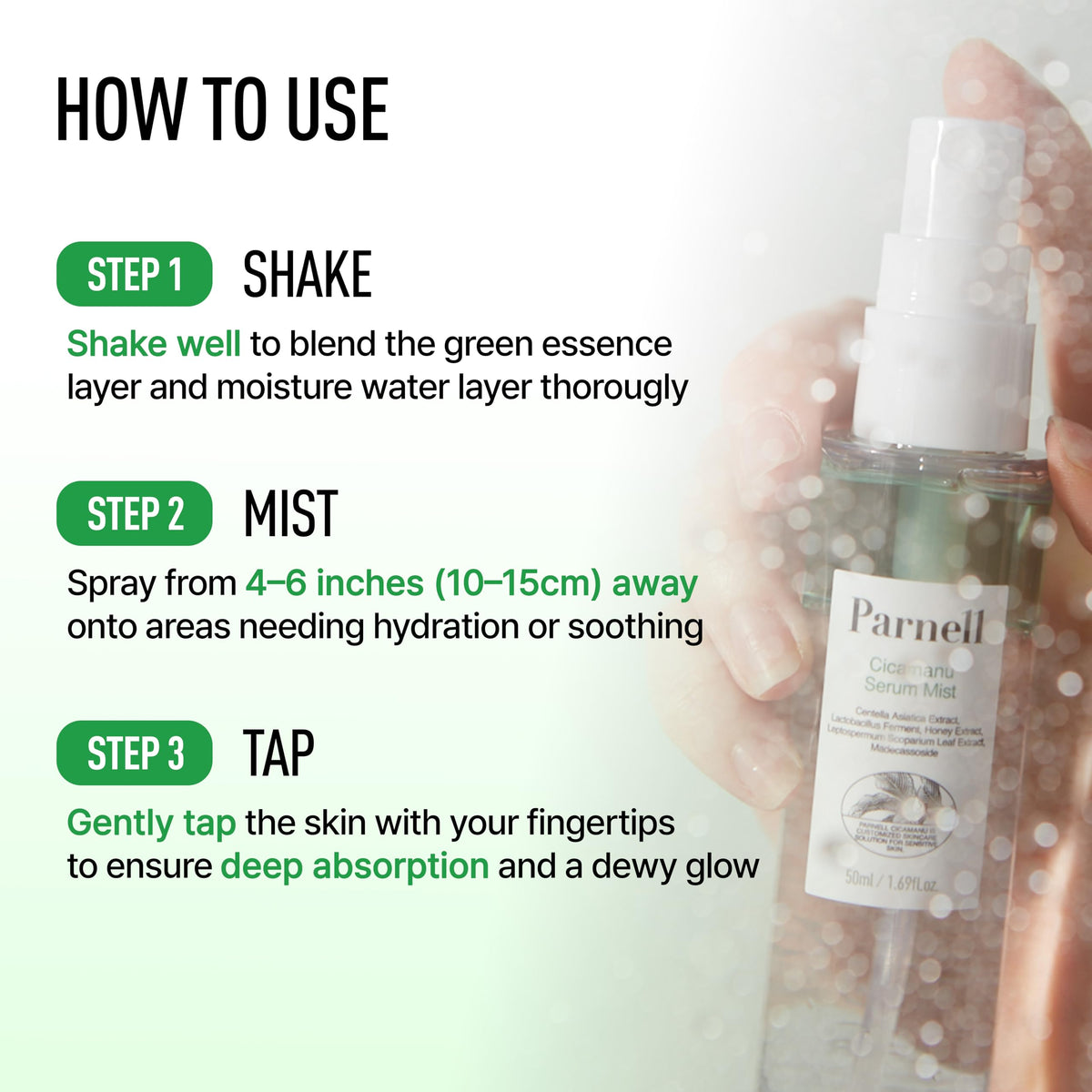 Parnell mist over makeup illustrating refresh and dewy finish without cakey residue