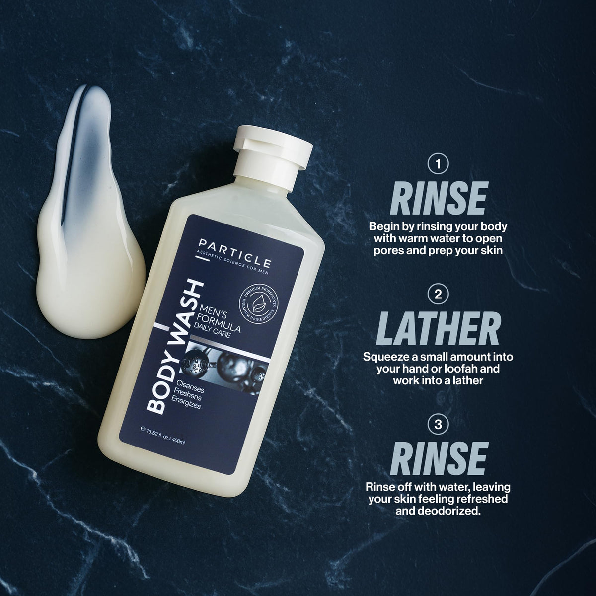 Particle in-shower lifestyle showing use and quick-refresh benefit