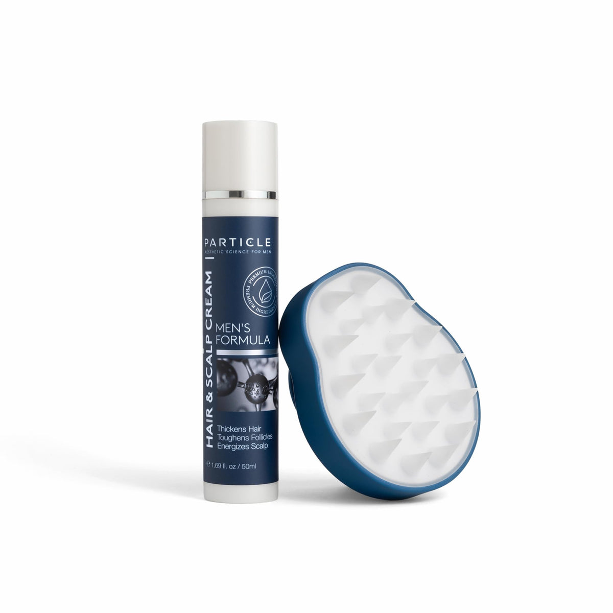 Particle scalp cream front packaging showing compact travel-ready tube benefit