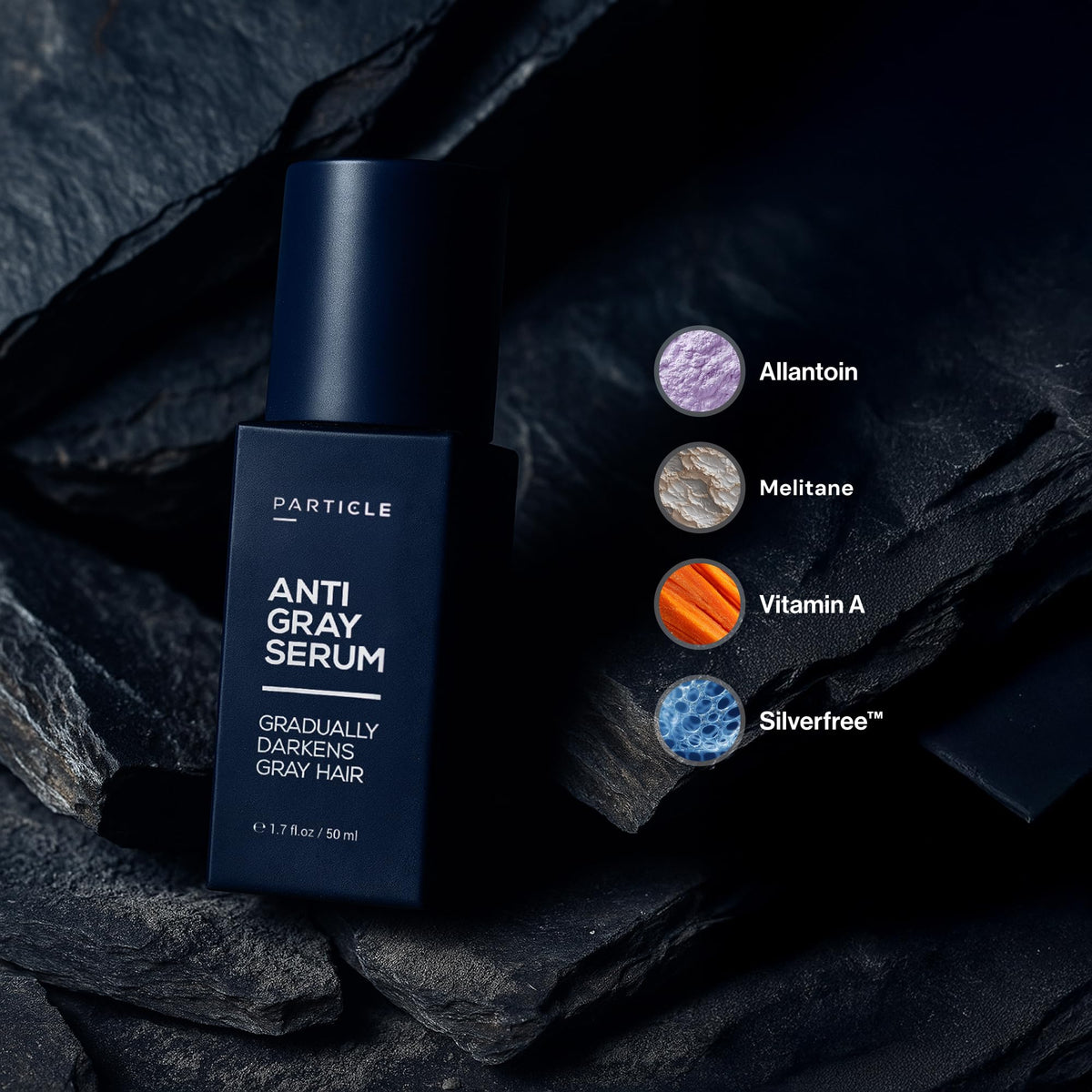 Particle serum texture drop on hand close-up showing lightweight absorbent formula