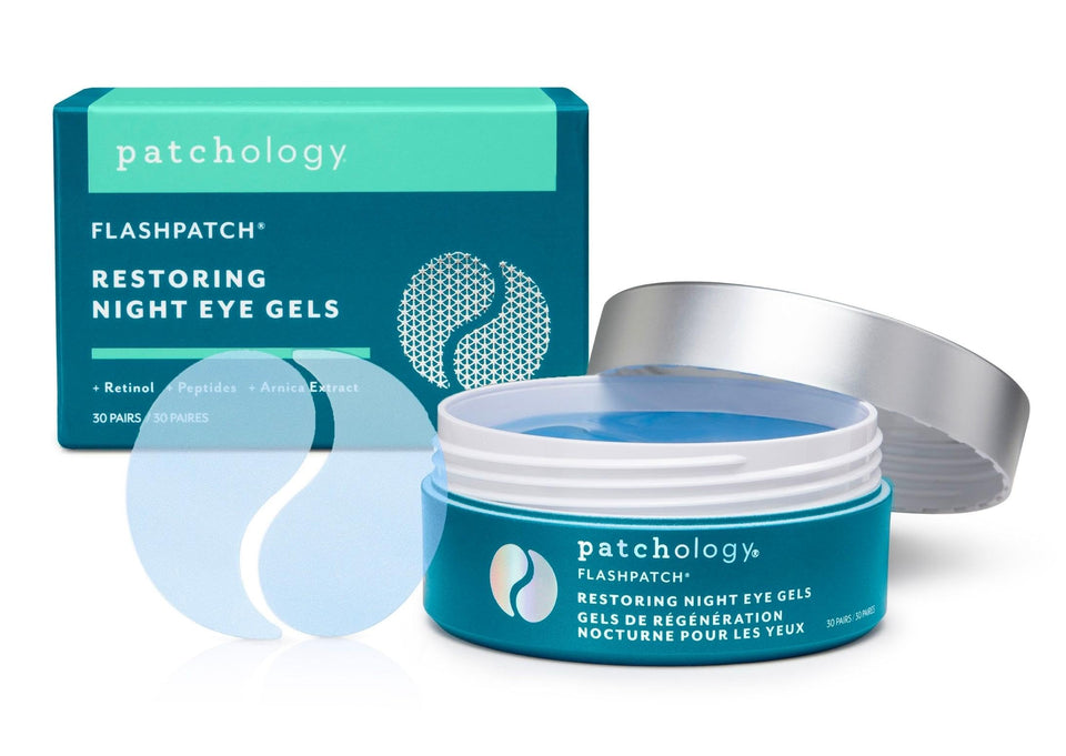 Patchology front packaging showing FlashPatch Restoring Night benefits