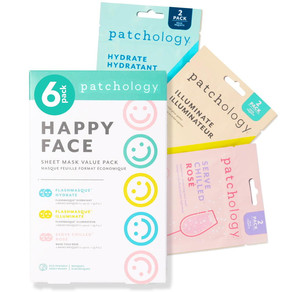Patchology front packaging showing three mask types and benefits
