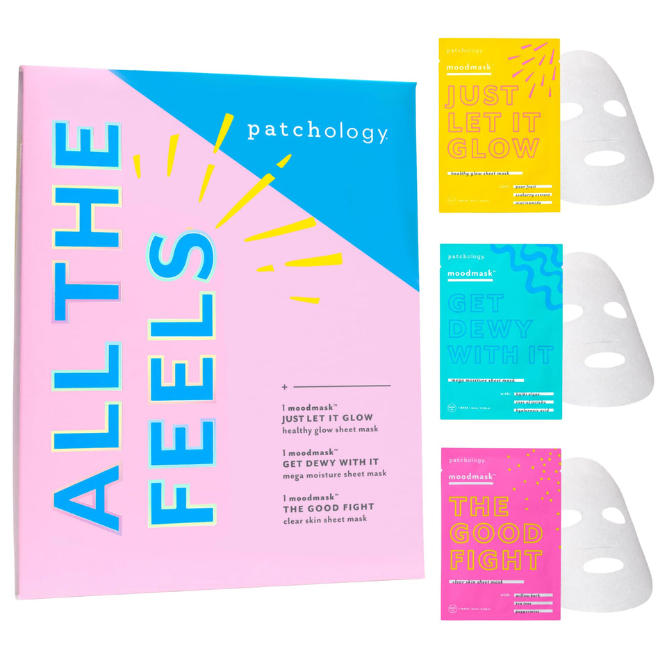 Patchology front packaging showing three moodmasks and eye gels for quick skincare benefits