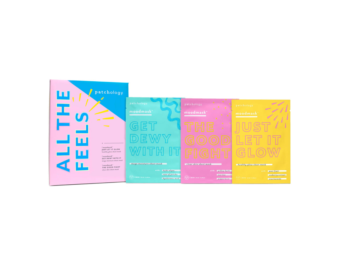 Patchology moodmasks staged in a bathroom for a relaxing skincare routine boost