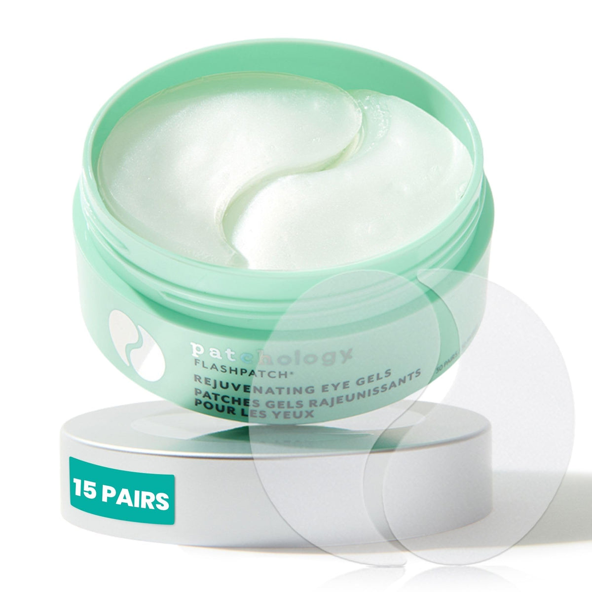 Patchology jar front view showing product and clear benefit of refreshed eyes