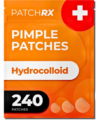 PatchRx front packaging showing 240 acne patches and clear contents benefit convenience