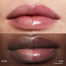 PATRICK TA balm applied on lips, demonstrates warm nude tint and hydration