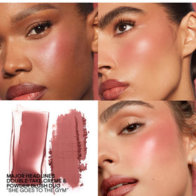 PATRICK TA blush in use on cheeks demonstrating buildable mauve-rose color and radiant finish