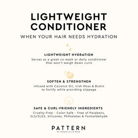 PATTERN conditioner being applied to curly hair, helps reduce tangles and frizz