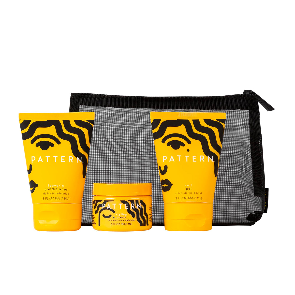 PATTERN kit front view showing three mini tubes and mesh bag for packing