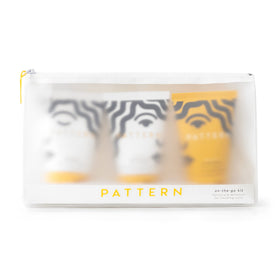 PATTERN on-the-go kit front packaging showing three mini bottles and clear pouch for easy travel