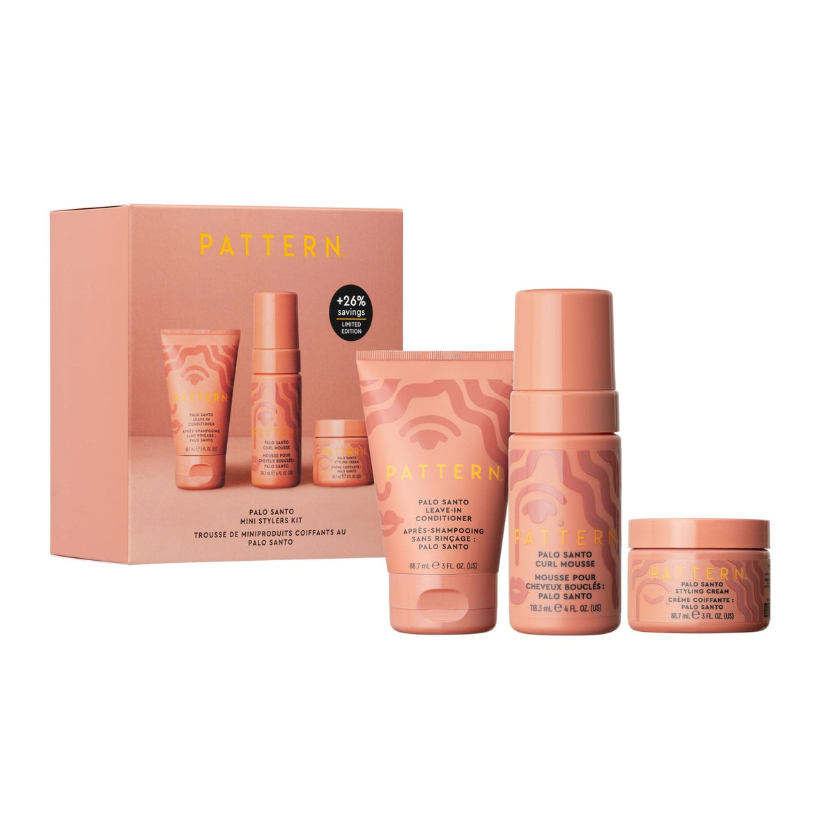 PATTERN front packaging showing mini kit and clear product labeling for travel convenience