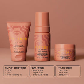 PATTERN trio arranged to highlight leave-in, mousse, and styling cream for layered styling