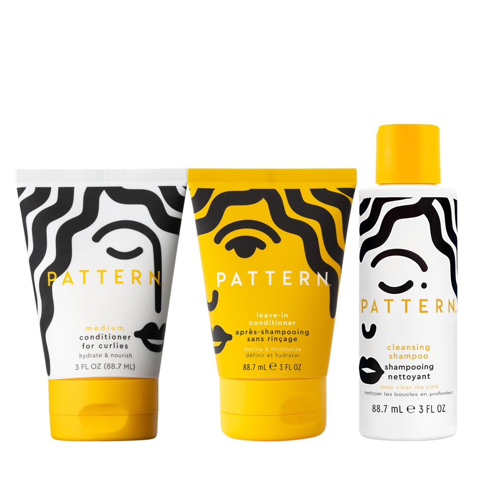 PATTERN travel kit front packaging showing three 3 oz bottles for easy packing