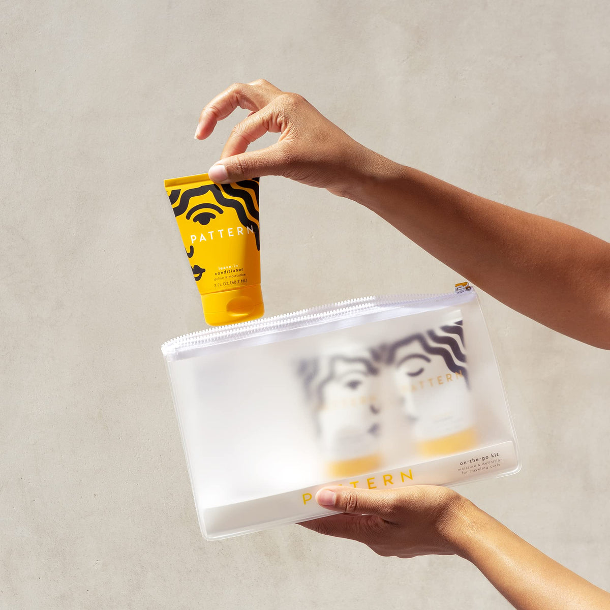 PATTERN travel kit in bag lifestyle image demonstrating portability and organized hair care