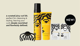 PATTERN packettes and black hair clip staged for travel convenience and styling