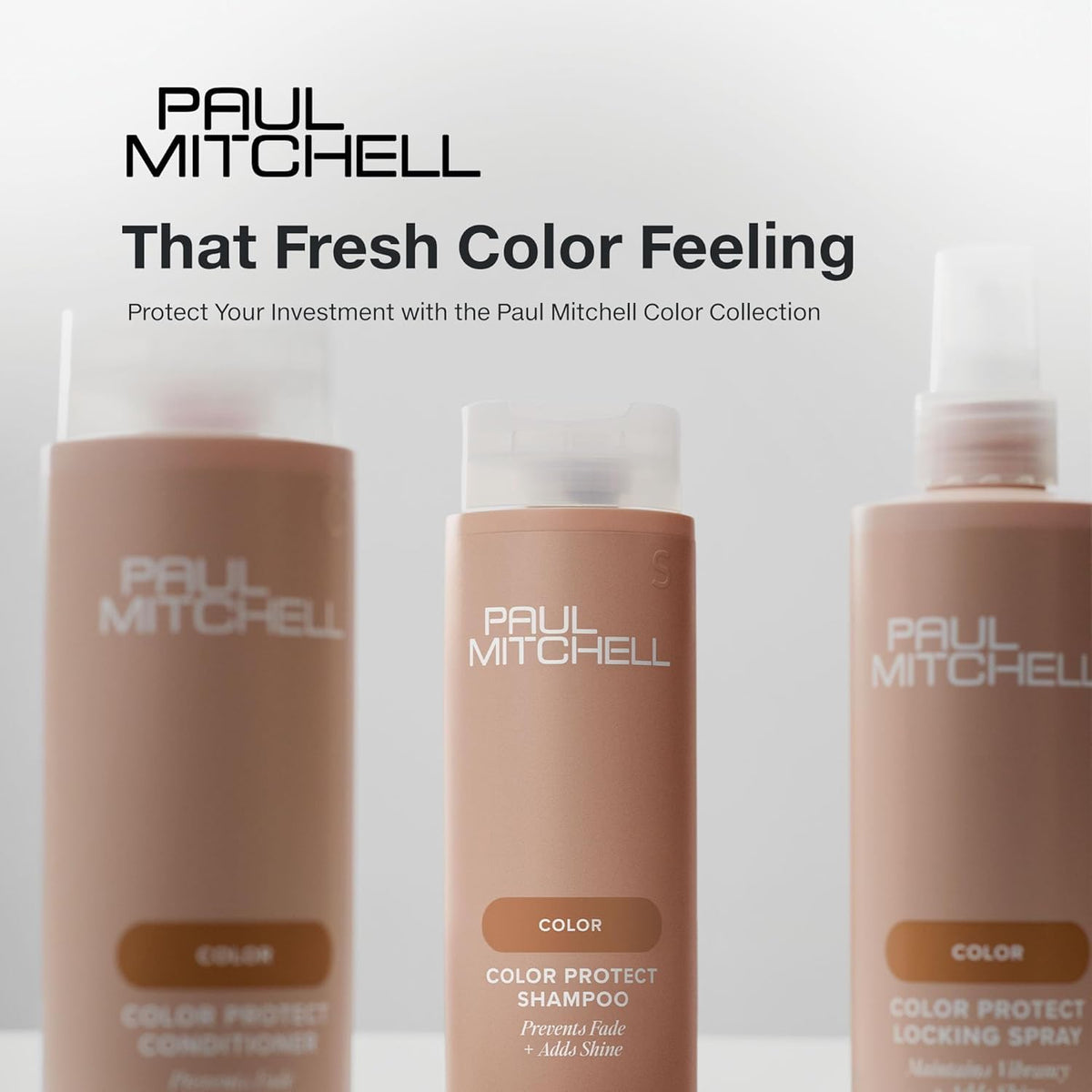 Paul Mitchell lifestyle bathroom shelf featuring set for everyday salon-quality routine