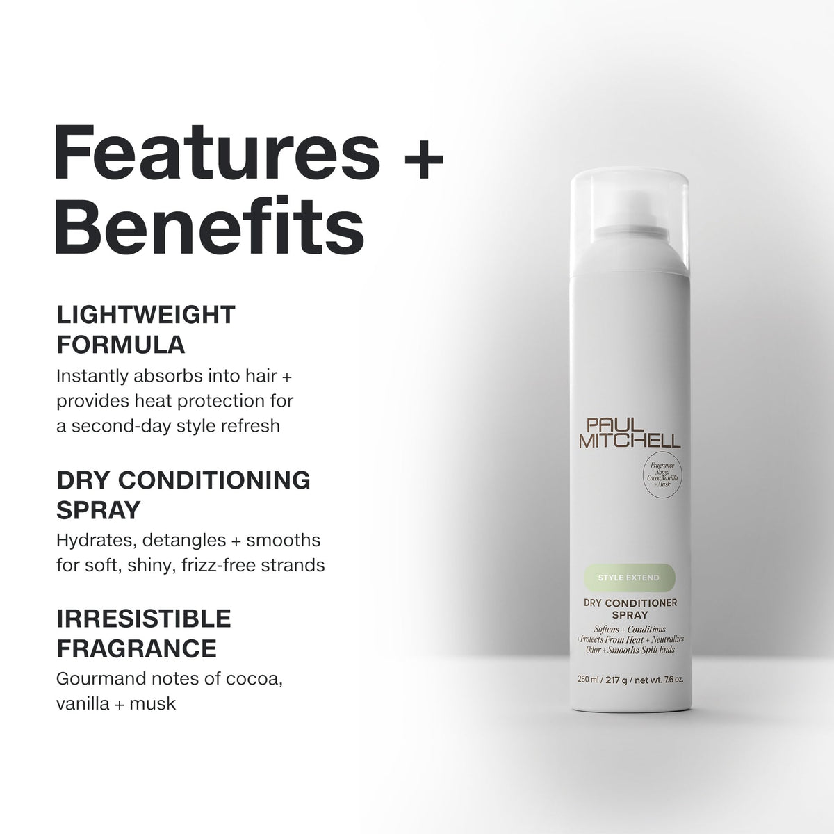 Paul Mitchell spray action illustrating fine mist for even, weightless coverage and refreshment