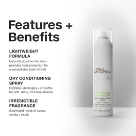 Paul Mitchell spray action illustrating fine mist for even, weightless coverage and refreshment