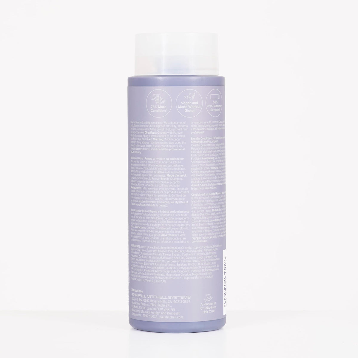 Recycled packaging label on bottle, Paul Mitchell reduced plastic environmental benefit