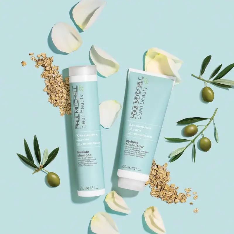 Paul Mitchell hydrate shampoo with olive and oat ingredients display