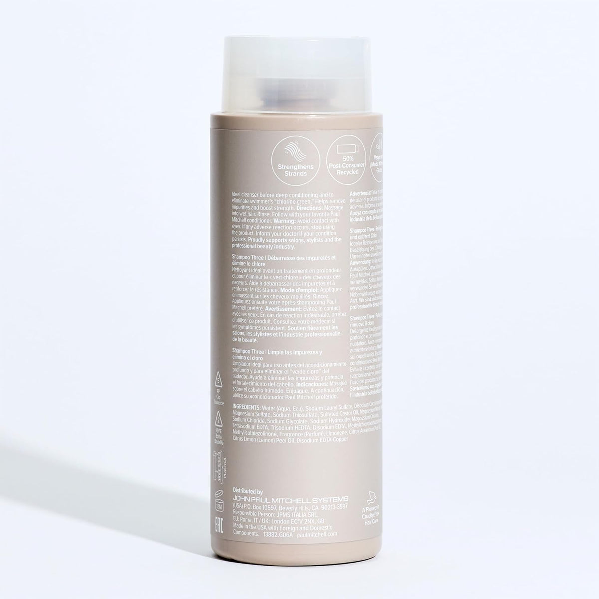 Visual of ingredients list on Paul Mitchell Shampoo Three bottle emphasizing mineral-removal