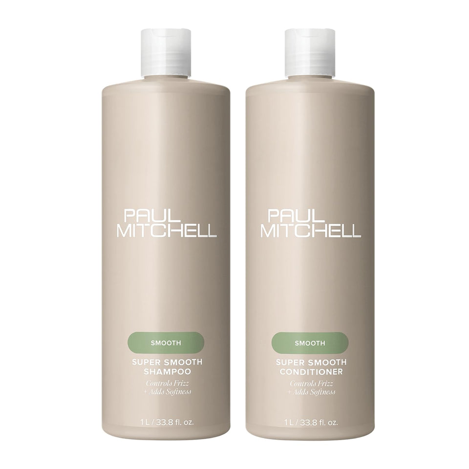 Paul Mitchell Super Skinny front packaging showing liter bottles and smoothing benefit