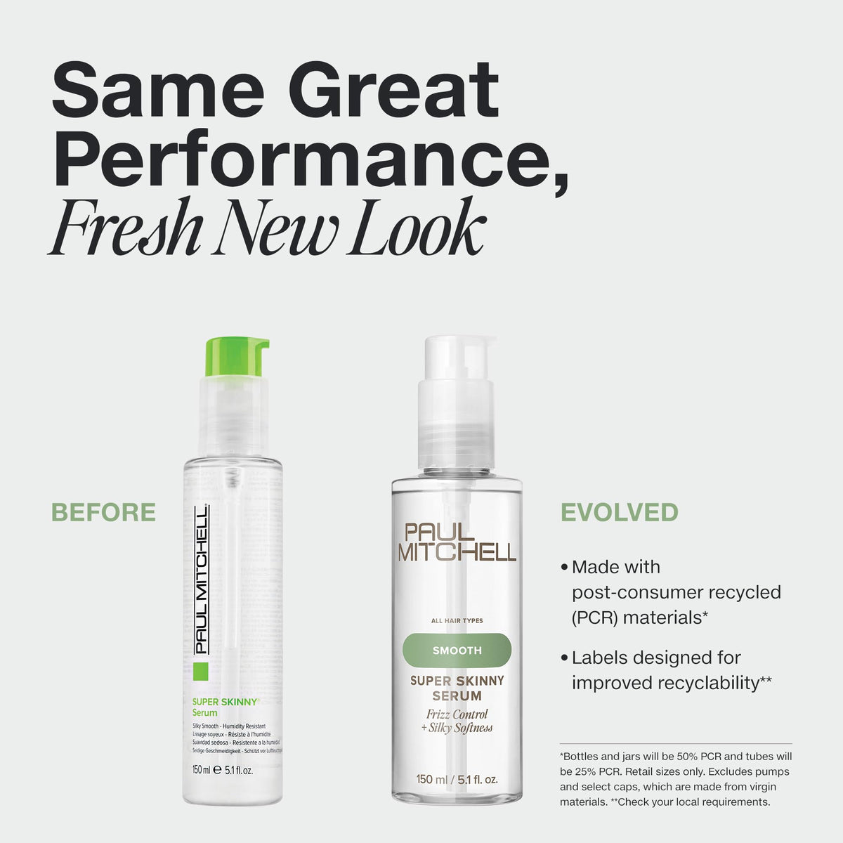 Paul Mitchell Super Skinny Serum back label highlighting ingredients and PCR packaging