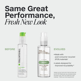 Paul Mitchell Super Skinny Serum back label highlighting ingredients and PCR packaging