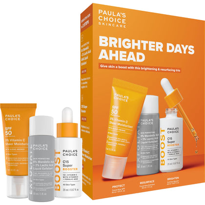 Paula's Choice front packaging showing the three-piece brightening kit benefits