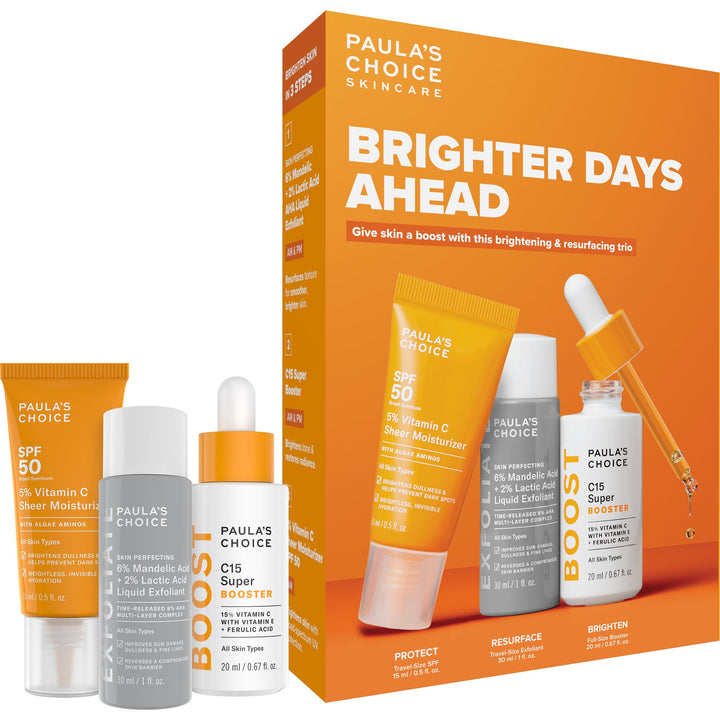 Paula's Choice front packaging showing the three-piece brightening kit benefits