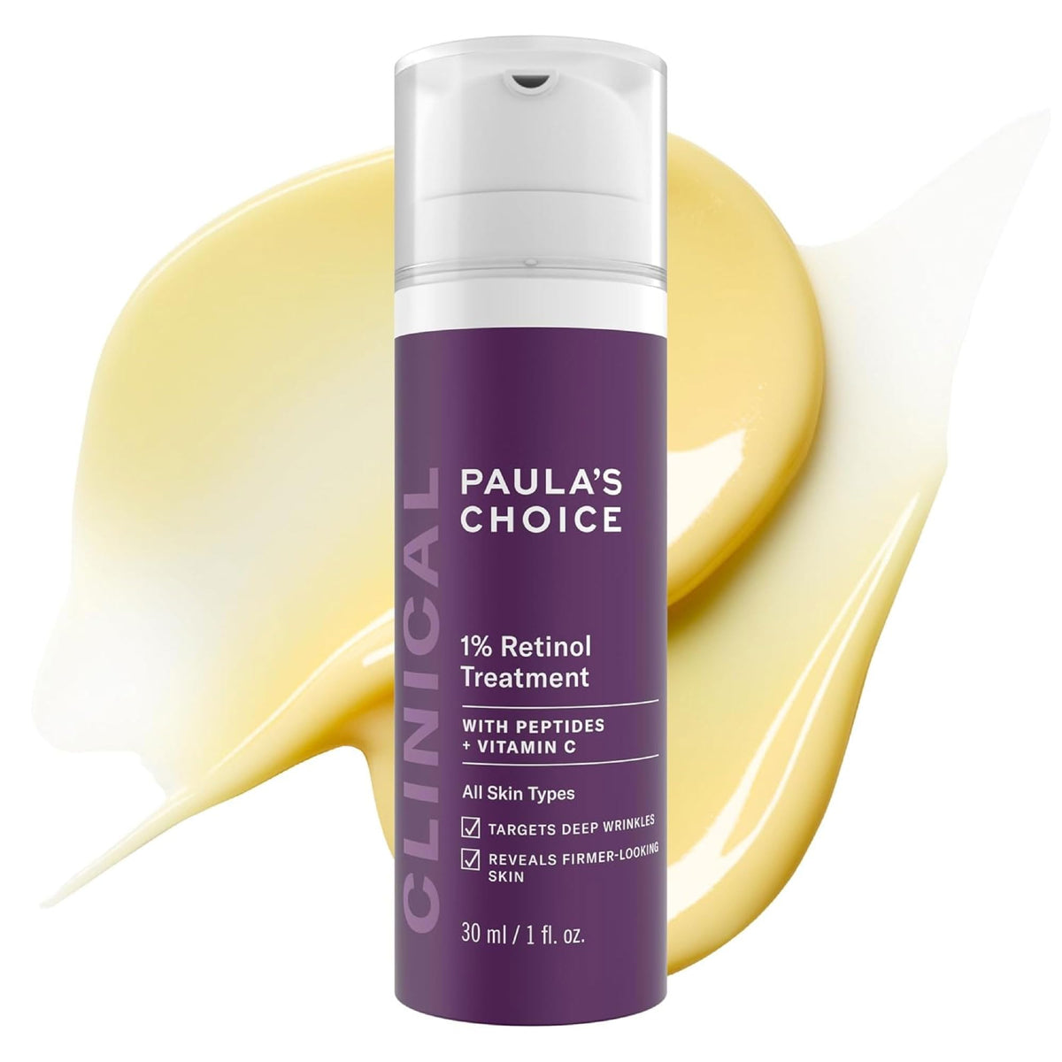 Paula's Choice front packaging showing the clinical 1% retinol bottle and label benefits