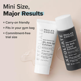 Paula's Choice duo next to passport illustrating travel size convenience