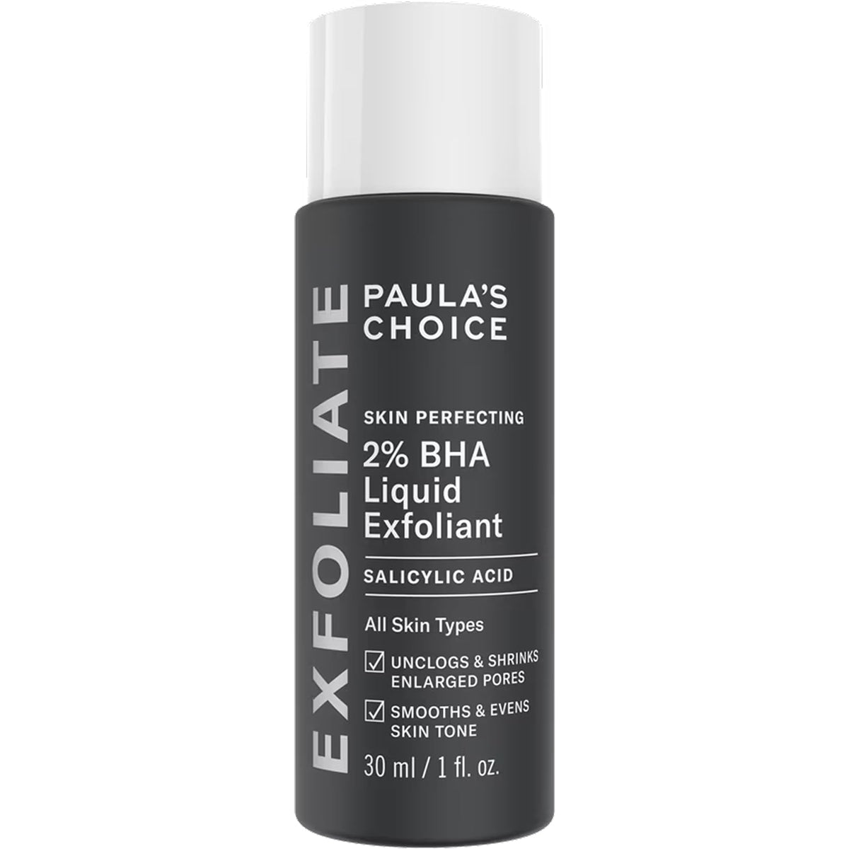 Paula's Choice front packaging showing compact travel bottle and clear branding benefits
