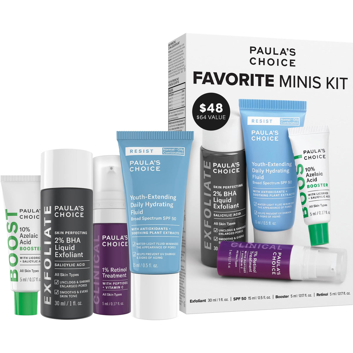 Paula's Choice kit front packaging showing all four travel-size products for easy use