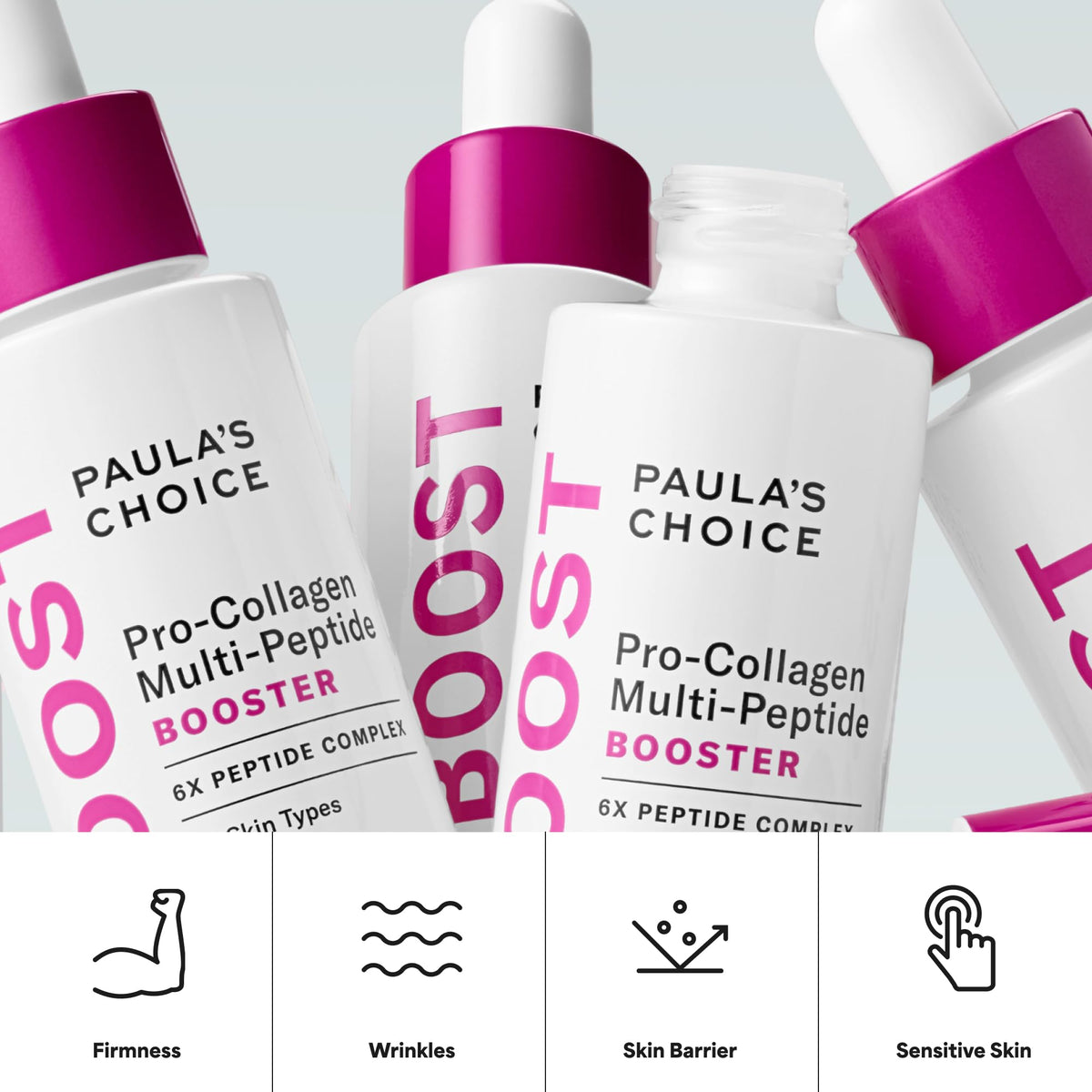 Paula's Choice model applying serum to jawline demonstrating firming benefit