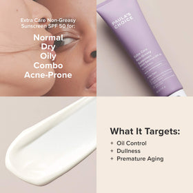 Paula's Choice sunscreen applied to cheek demonstrating non-greasy finish benefit