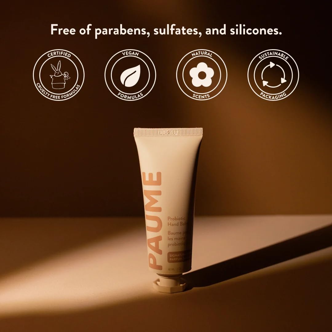 PAUME ingredients label highlighting plant-based emollients and probiotics benefit