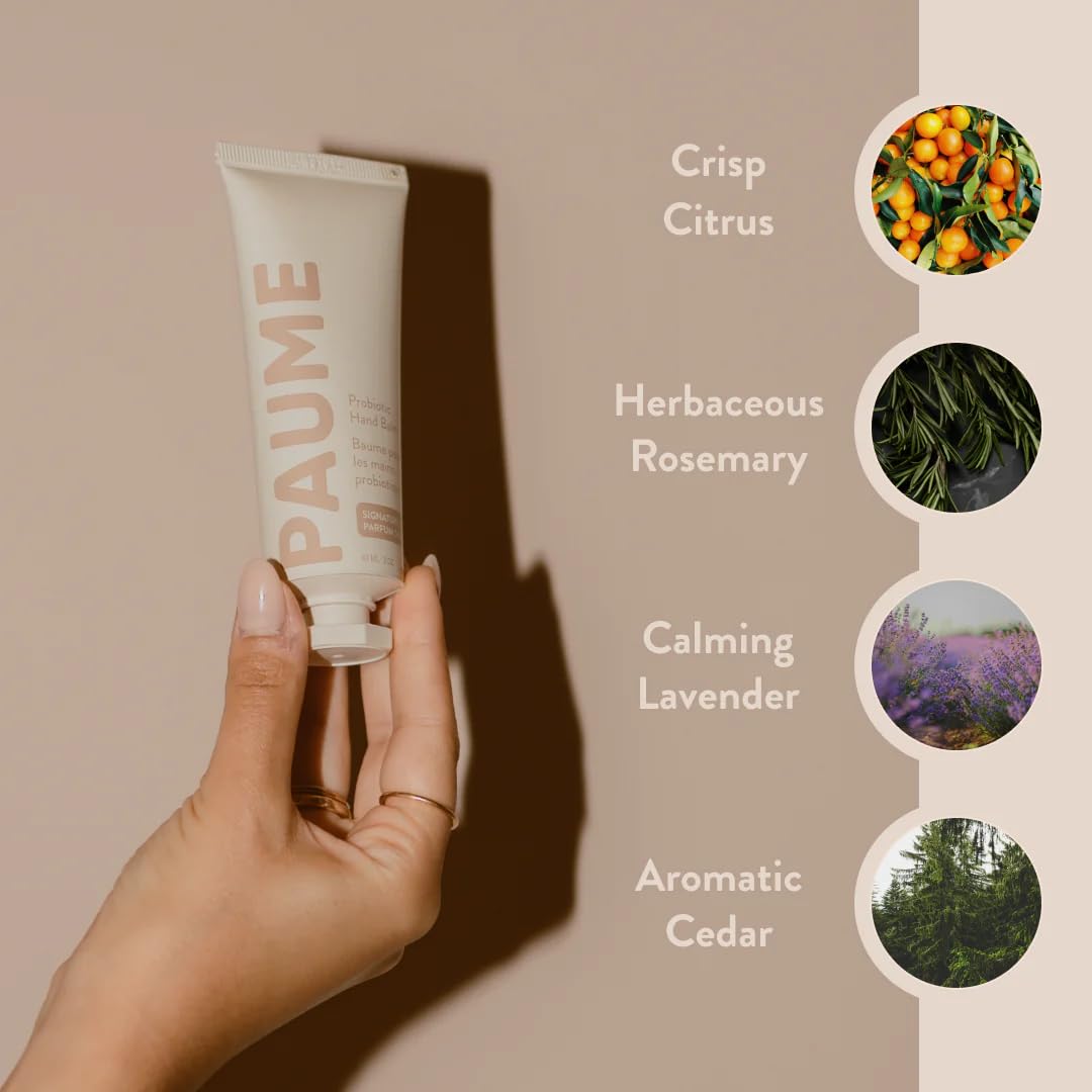 PAUME tube next to everyday items showing 2 oz travel-friendly benefit