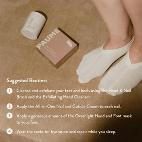 PAUME socks worn on feet in bed demonstrating overnight moisturizing benefit