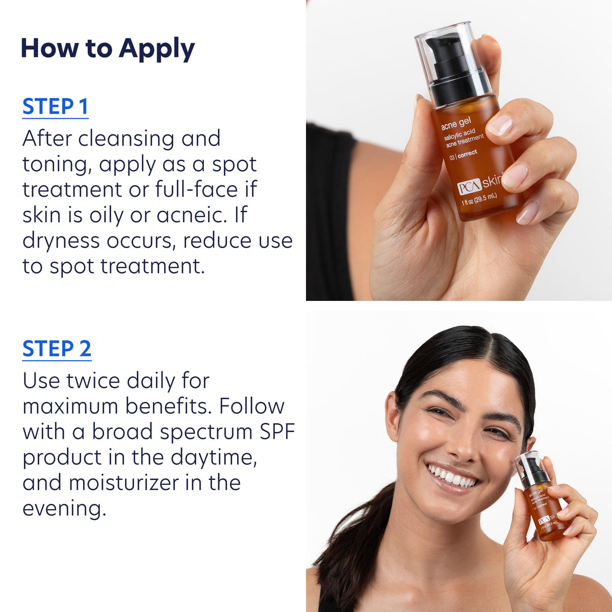 PCA SKIN acne gel texture close-up showing lightweight serum for fast absorption benefit