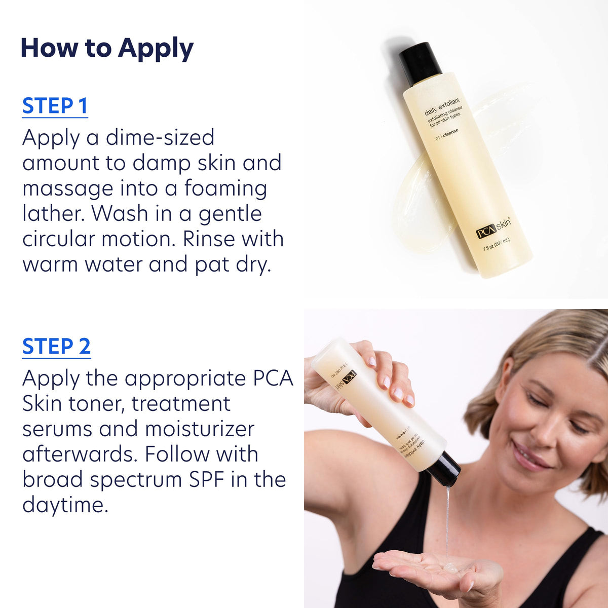 PCA SKIN bottle in hand during application showing control and gentle massage benefit
