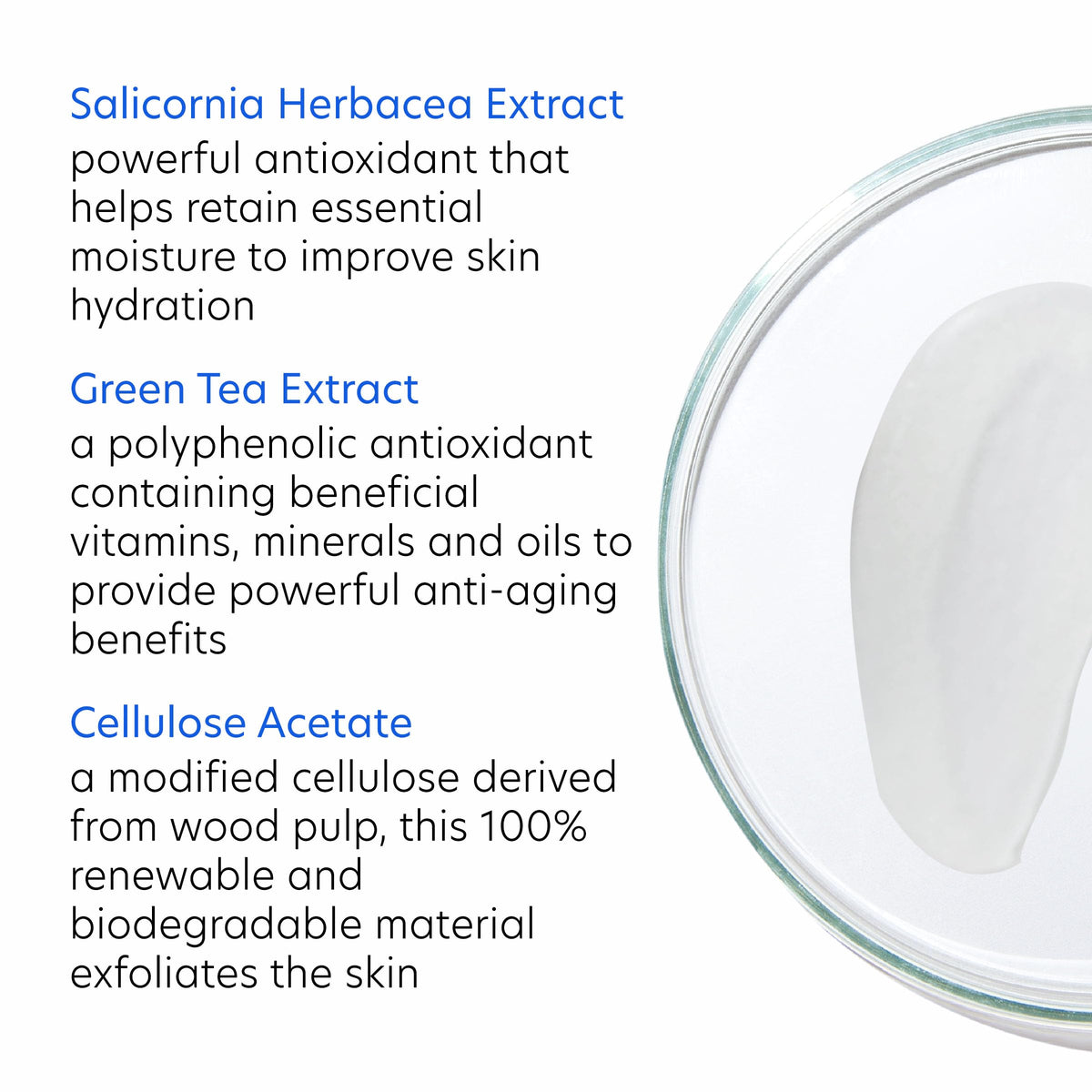 PCA SKIN ingredients label close-up showing renewable exfoliants and botanicals benefit