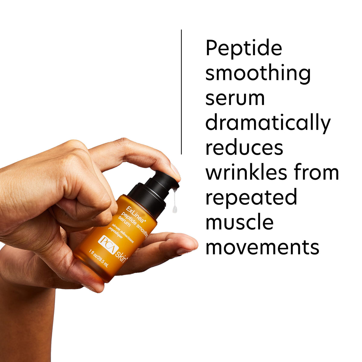 PCA SKIN ExLinea clear serum drops on skin showing hydrating texture for smoother look