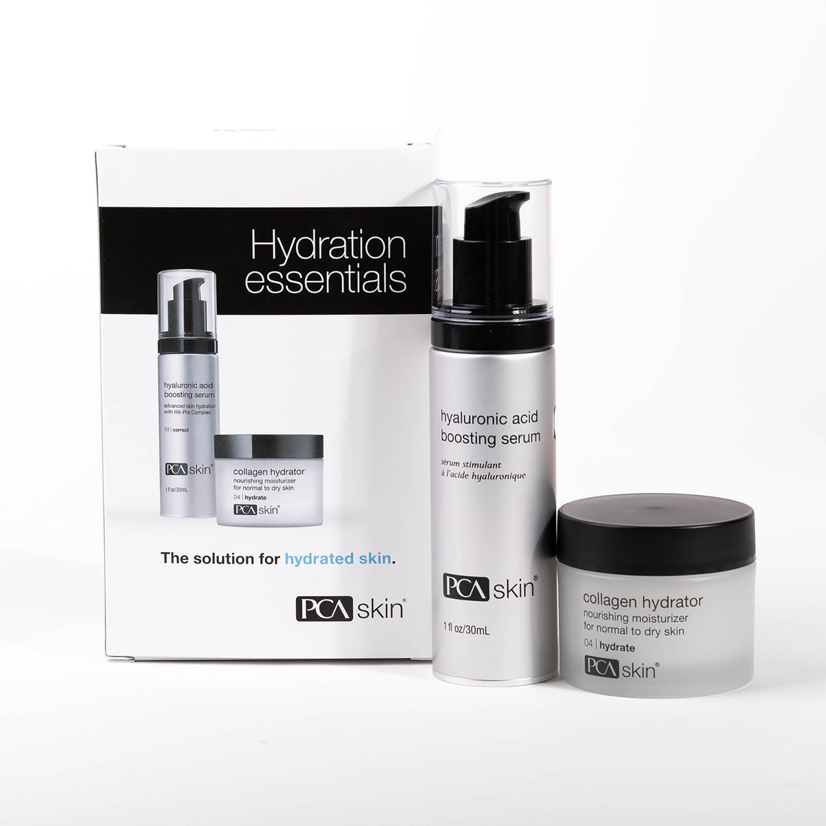 PCA SKIN hydration kit front packaging showing both serum and moisturizer for easy routine