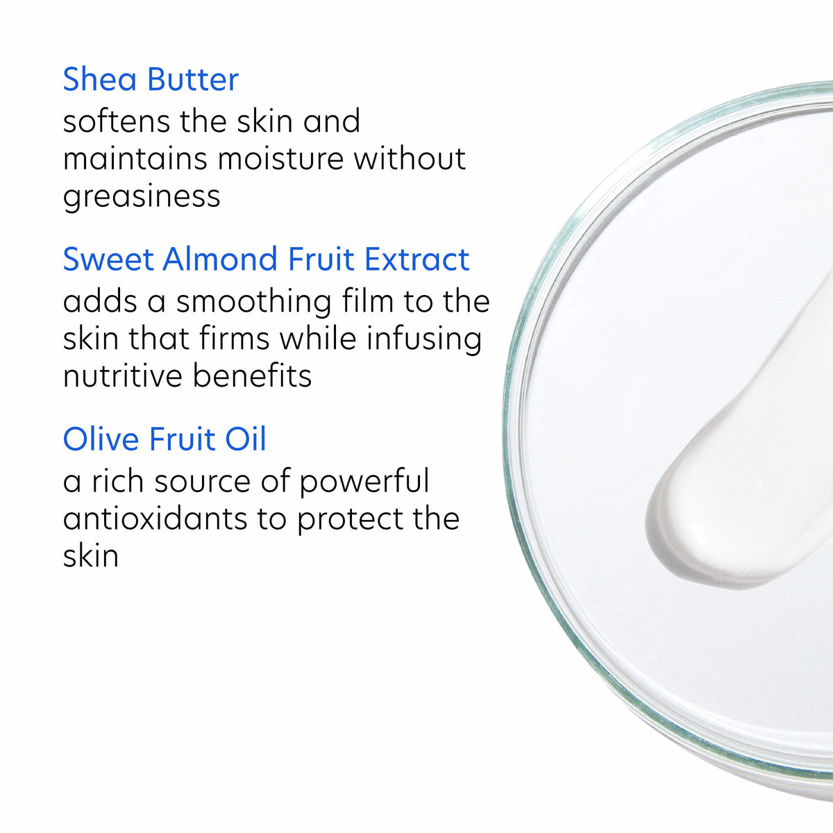 PCA SKIN ingredients display with shea, olive, and almond highlighting nourishment