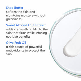 PCA SKIN ingredients display with shea, olive, and almond highlighting nourishment