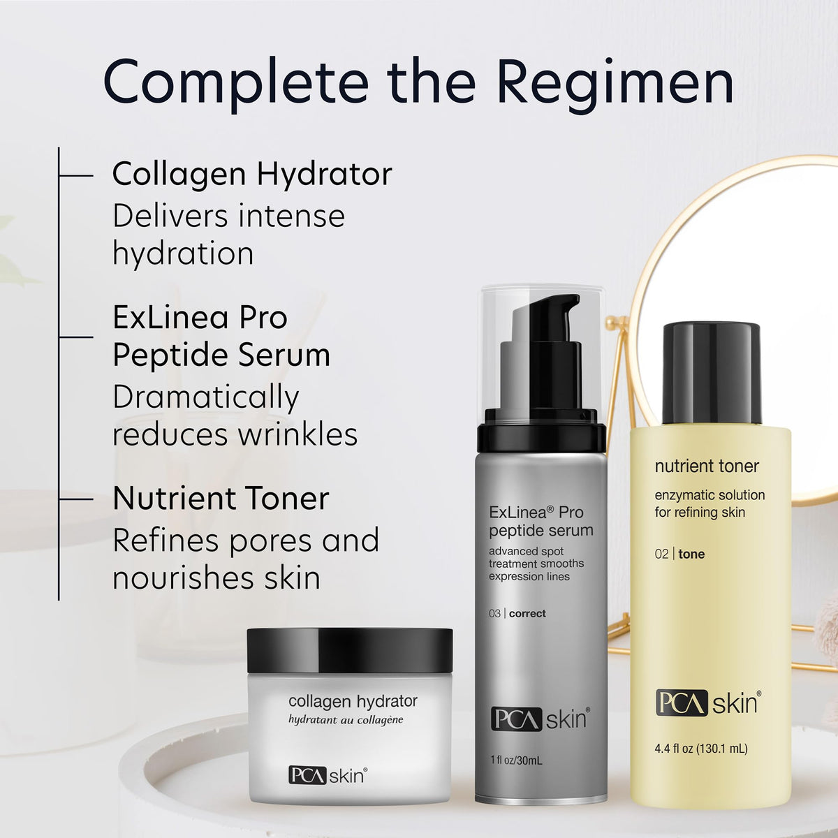 PCA SKIN toner on bathroom shelf during morning routine showing integration into skincare