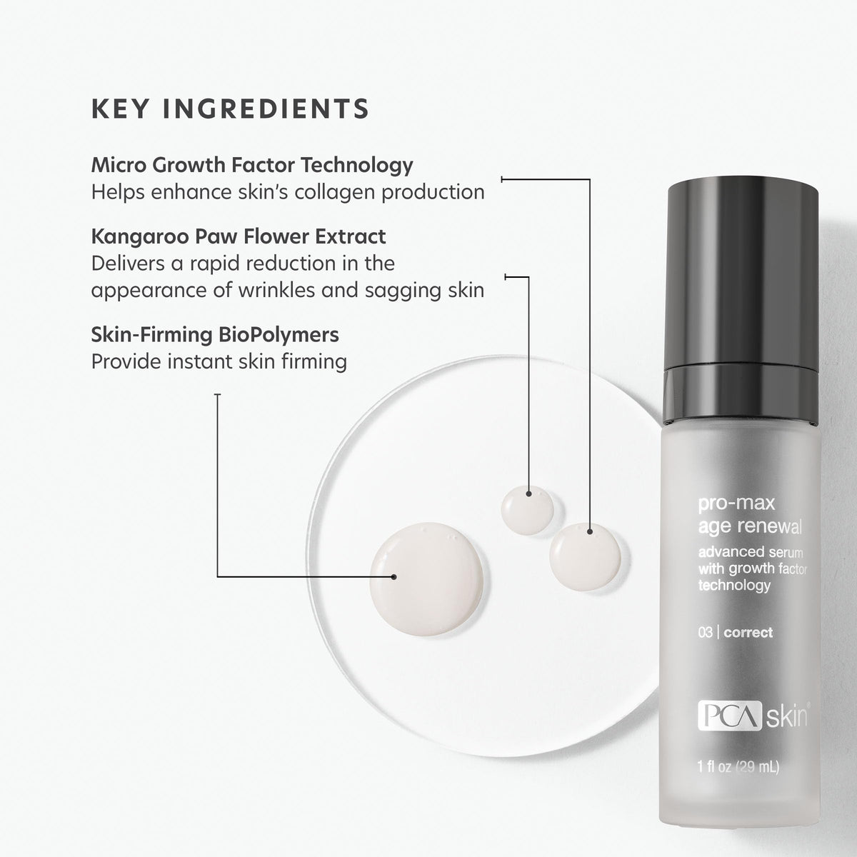 PCA SKIN serum texture drop closeup showing smooth, absorbent consistency