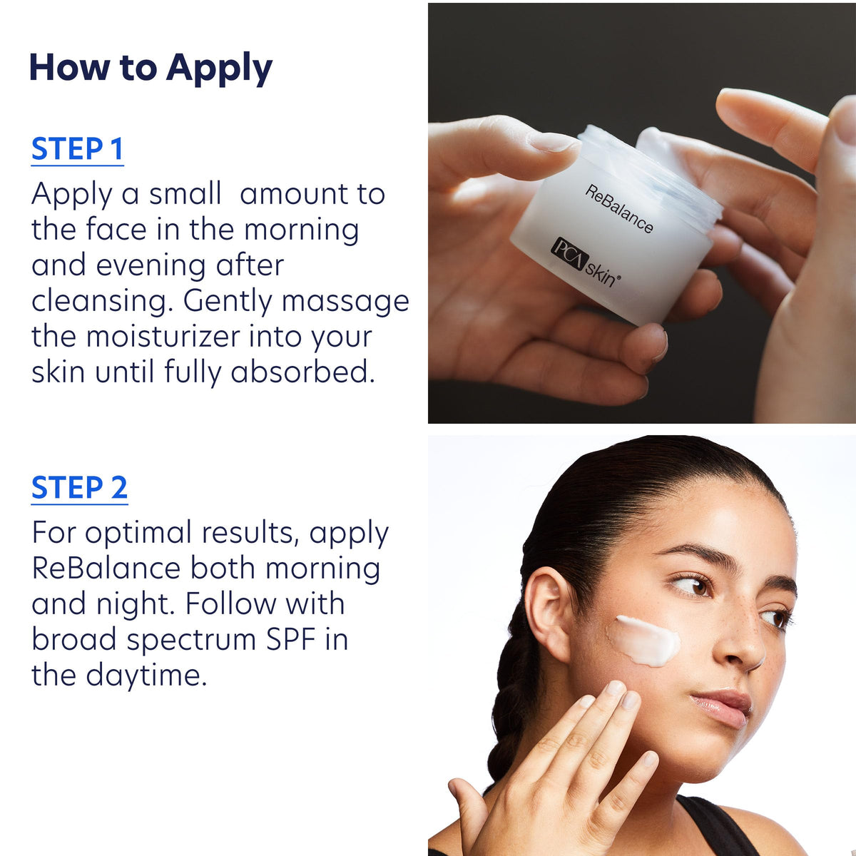 PCA SKIN applying moisturizer to cheek showing calming hydration